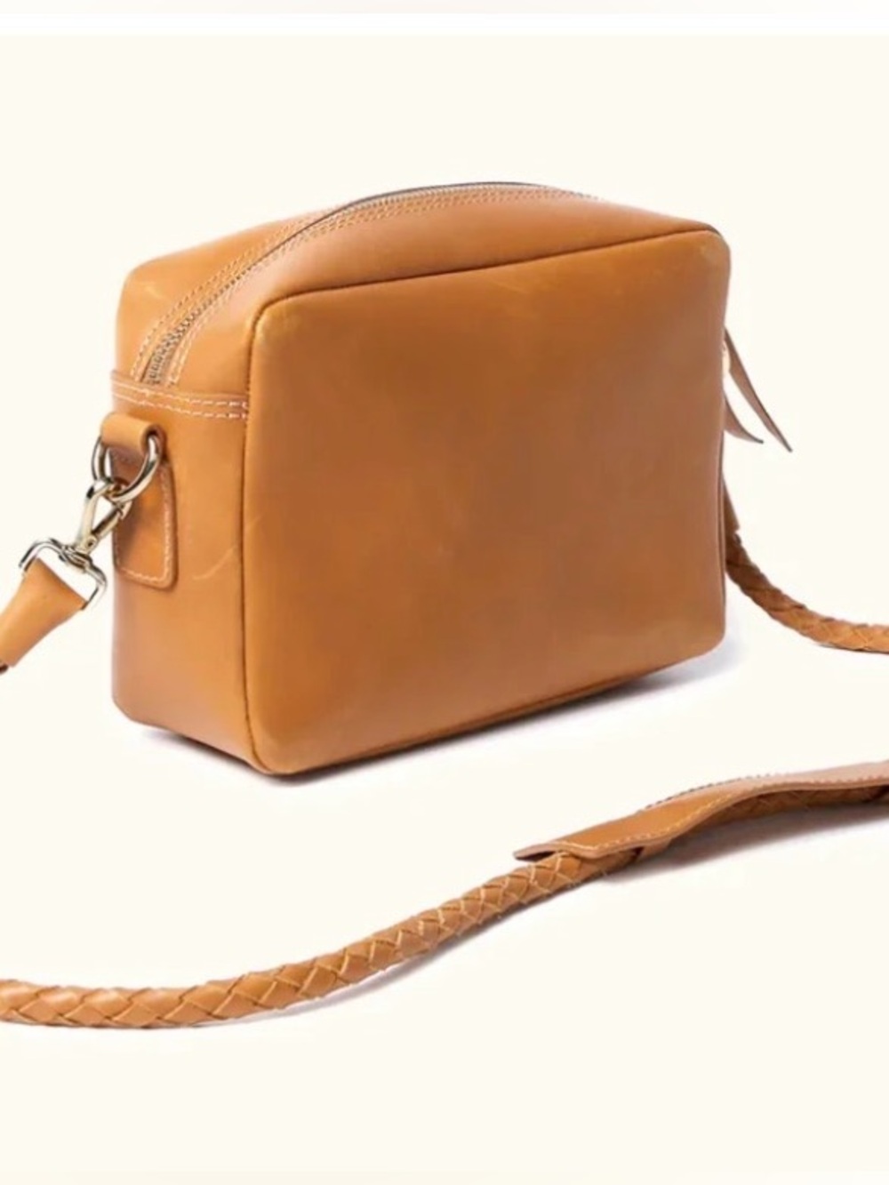 Able Tan Leather Crossbody Camera Bag with Braided Strap